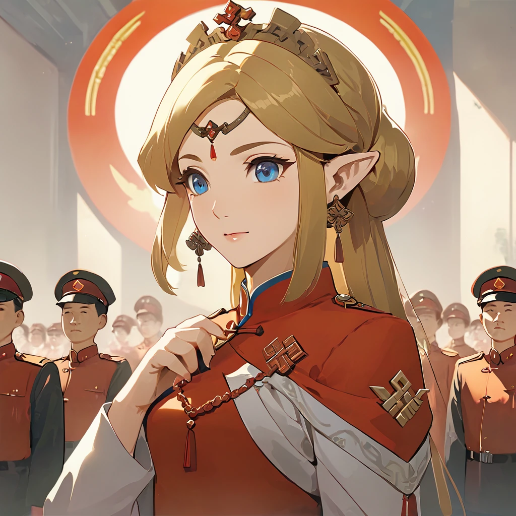 ((Highest quality)), ((masterpiece)), (detailed), （Perfect Face）、The woman is a Chinese Princess Zelda, a blonde Chinese woman with blue eyes, wearing an engagement ring. She has become a member of the glorious Chinese Communist Party and has sworn absolute loyalty to the Chinese Communist Party. She is a righteous Communist Party member of the ruling China and the wife of a great Communist Party official.、The woman is wearing the fine uniform of a Chinese Communist Party member.、For the sake of China, their hairstyles, clothes, and everything they wear are all Chinese Communist Party items, and their thoughts are also Chinese, becoming great Chinese in body and mind.、The woman became a Chinese Princess Zelda who was proud of and loved China.、She is serving China as a member of the great Communist Party of China.、The woman is a beautiful, respectable and exemplary Communist Party member.