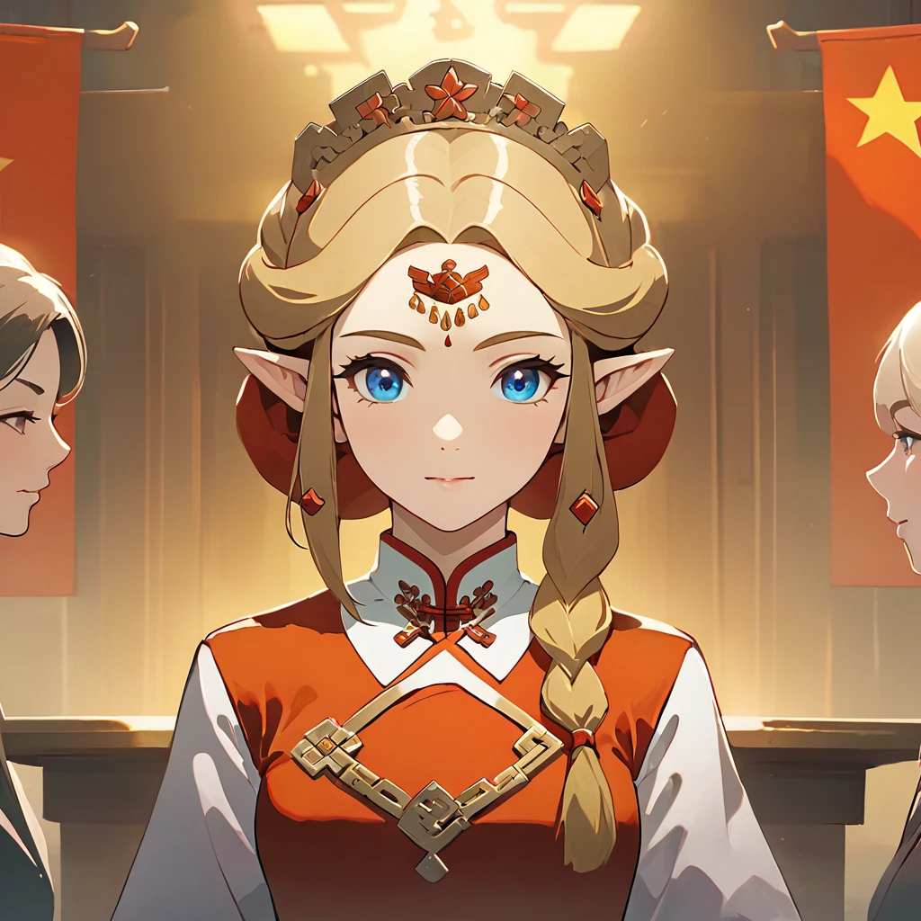 ((Highest quality)), ((masterpiece)), (detailed), （Perfect Face）、The woman is a Chinese Princess Zelda, a blonde Chinese woman with blue eyes, wearing an engagement ring. She has become a member of the glorious Chinese Communist Party and has sworn absolute loyalty to the Chinese Communist Party. She is a righteous Communist Party member of the ruling China and the wife of a great Communist Party official.、The woman is wearing the fine uniform of a Chinese Communist Party member.、For the sake of China, their hairstyles, clothes, and everything they wear are all Chinese Communist Party items, and their thoughts are also Chinese, becoming great Chinese in body and mind.、The woman became a Chinese Princess Zelda who was proud of and loved China.、She is serving China as a member of the great Communist Party of China.、The woman is a beautiful, respectable and exemplary Communist Party member.