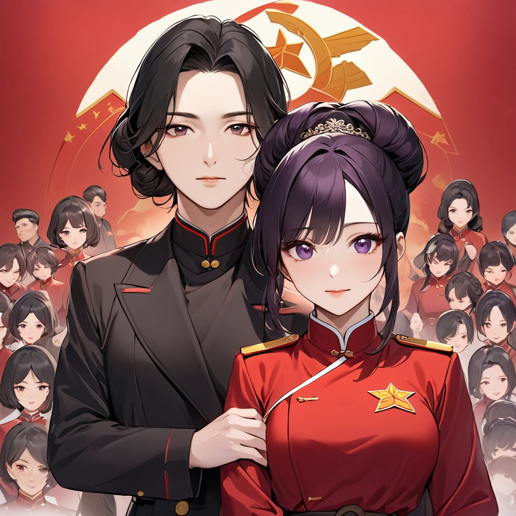 ((Highest quality)), ((masterpiece)), (detailed), （Perfect Face）、The woman is a Chinese woman named Kocho Shinobu, with medium-long black hair with purple ends, tied up in a formal evening hairstyle, and is wearing an engagement ring. She has become a member of the glorious Chinese Communist Party and has sworn absolute loyalty to the party. She is a righteous Communist Party member of the ruling China and the wife of a great Communist Party official.、The woman is wearing the fine uniform of a Chinese Communist Party member.、For the sake of China, their hairstyles, clothes, and everything they wear are all Chinese Communist Party items, and their thoughts are also Chinese, becoming great Chinese in body and mind.、The woman became Shinobu Kocho, a Chinese woman who was proud of China, loved it and devoted herself to it.、She is serving China as a member of the great Communist Party of China.、The woman is a beautiful, respectable and exemplary Communist Party member.