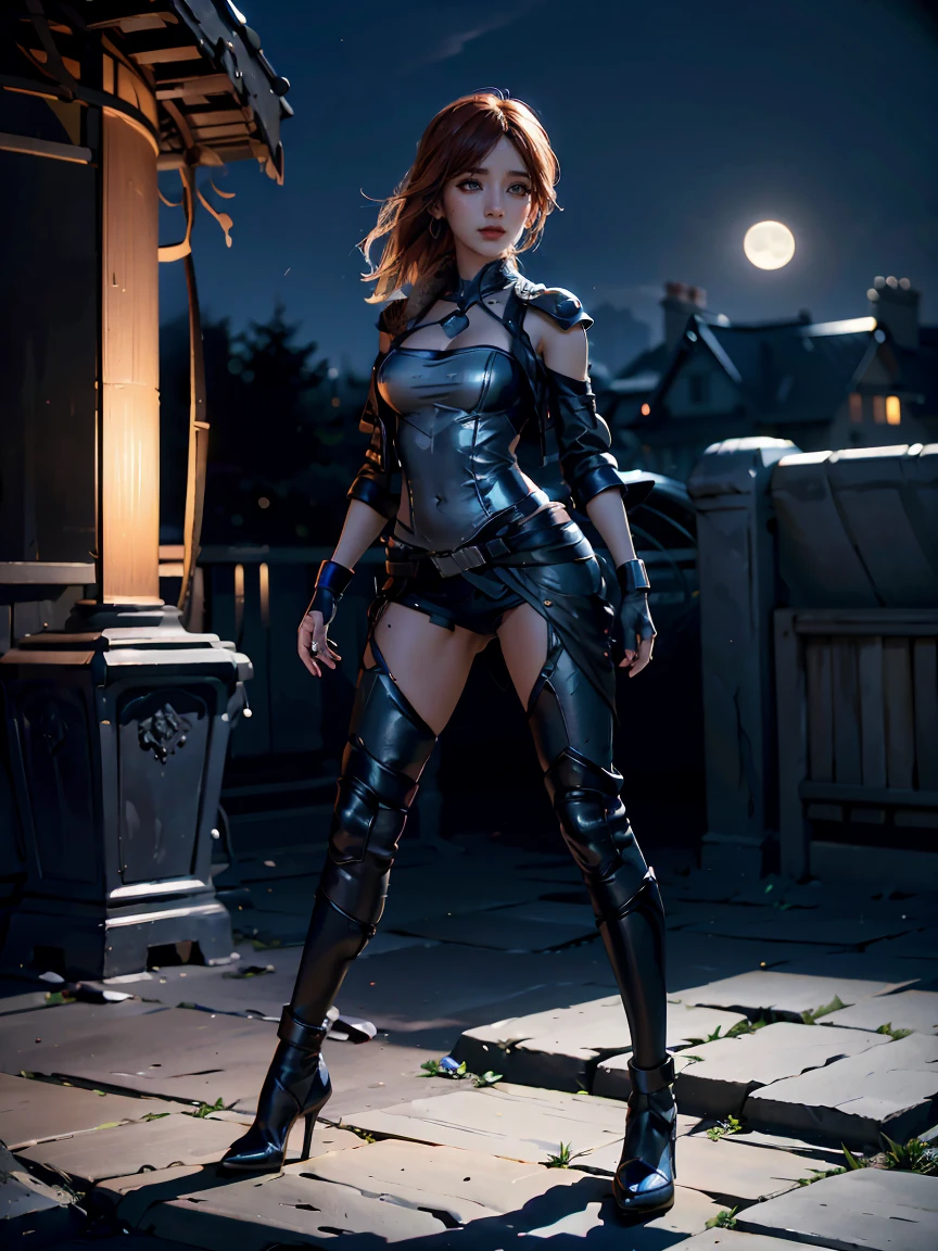 A charismatic girl is standing on top of a city at night. She has beautiful blue eyes that shine under the full moon. The scene is captured in the highest quality, with a resolution of 4k, creating an ultra-realistic and highly detailed image. The girl's full body is highlighted, showcasing her elegant pose and captivating presence. The cityscape is illuminated by dynamic lights, creating a vibrant and dynamic atmosphere. The color palette is dominated by the cool tones of the night, with deep blues and mysterious shadows. The full moon is the focal point, casting a gentle glow over the entire scene