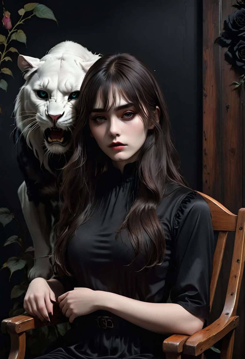 Dark,look close corner face camera , hold big cat,a woman sofia Steinberg face,long hair with bangs, pale white skinned ,wearing Black shirt blackmetal, pose sit in Wooden chairs, room blackmetal, look above camera , in room blackmetal style steinberg model blackmetal , sad depression funiture skulls swords, flowers black Roses ,poster ,stickerband, mortuary ,blackmetal background, digital painting, highly detailed, 3D animation, black roses, 