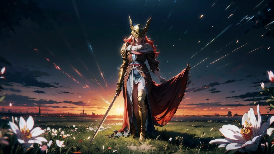 very detailed, high quality, masterpiece, prosthesis ноги, fantasy medieval, Single mechanical arm, prosthesis, armor, e.g, Helmet, brown dress, a sword, holding a sword, full body, wide shot, flower, water, field withered grass, red river, One, sunset, stylebuff, night, (dark environment), very detailed, high quality, masterpiece, beautiful, 1 girl, Single mechanical arm, armor, e.g, Helmet, full body, (Best quality)), ((masterpiece: 1.2) ), (extremely detailed: 1.1), (8 K, high quality, cinematic, hyper realistic, illustration), ( Octane rendering, game character, Ray tracing, HDR), (16mm focal length , f/4 apertures, Dynamic perspective, depth of field), (1 girl, Dynamic angle, casting pose. small, long bright red hair, blood-like, brown dress из шиповника, Single mechanical arm, prosthesis ноги, prosthesis, boots of battle. Cloak of blood, underlying golden armor, valley of withered flowers, ancient sculptures around it), 3d, realistic, computer graphics, 3d модель, beautiful, elegant, confident, (hdri, blossom, edge lighting, soft lighting, restrained), zhongfenghua, Gentle\(armor\) ancient robe, golden Helmet, magician_glamorous, caftan,