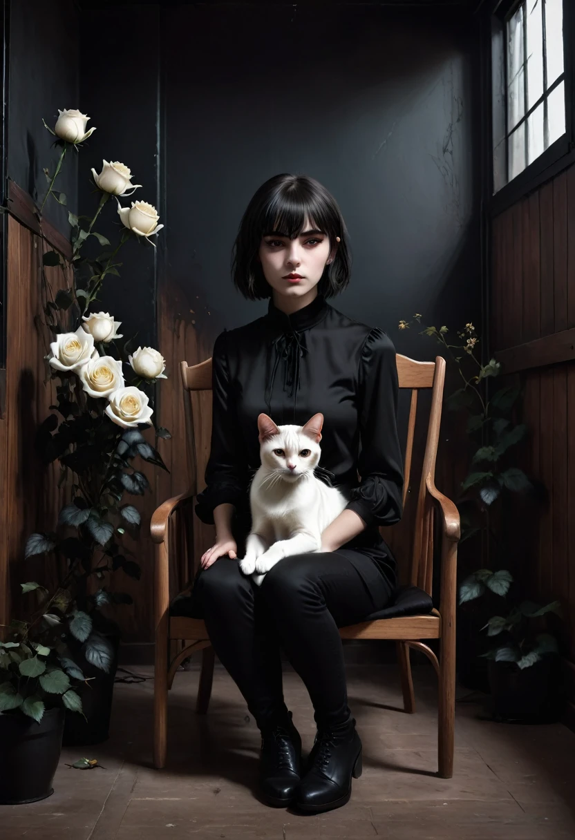 Dark,look close corner face camera , hold cat,a woman sofia Steinberg face,short hair with bangs, pale white skinned ,wearing Black shirt blackmetal, pose sit in Wooden chairs, Petting a cat,room blackmetal, look above camera , in room blackmetal style steinberg model blackmetal , sad depression funiture skulls swords, flowers black Roses ,poster ,stickerband, mortuary ,blackmetal background, digital painting, highly detailed, 3D animation, black roses, 