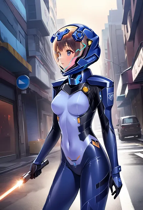 short hair, street, emo, black hair, white eyes, eyeliner, apocalypse, (astronaut, girl, road, city,  fortified suit, ((blue:1.5...