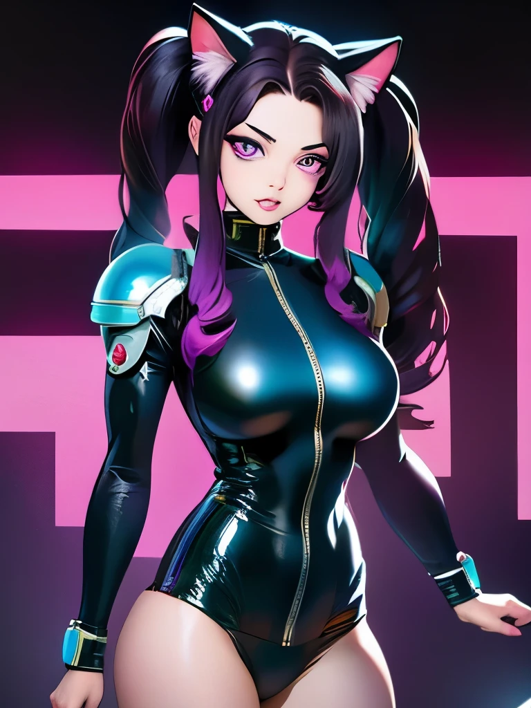 (masterpiece),(best quality),extreamly delicate and beautiful,illustration,((perfect female figure)),mature female,1 rider girl,i:p masquerena, bodysuit,black very long hair,twintails, purple eyes, cyberpunk  city background,cat ears helmet,