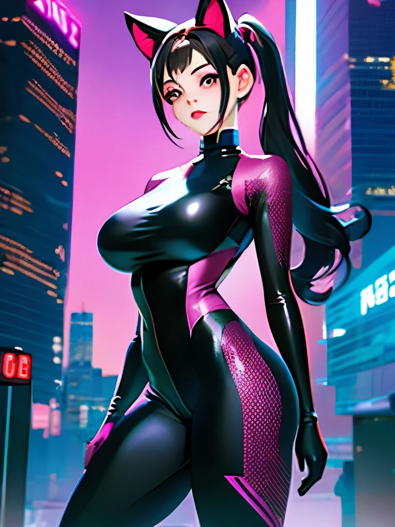 (masterpiece),(best quality),extreamly delicate and beautiful,illustration,((perfect female figure)),mature female,1 rider girl,i:p masquerena, bodysuit,black very long hair,twintails, purple eyes, cyberpunk  city background,cat ears helmet,