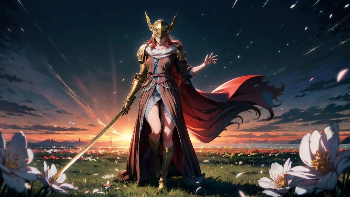 very detailed, high quality, masterpiece, prosthesis ноги, fantasy medieval, Single mechanical arm, prosthesis, armor, e.g, Helmet, brown dress, a sword, holding a sword, full body, wide shot, flower, water, field withered grass, red river, One, sunset, stylebuff, night, (dark environment), very detailed, high quality, masterpiece, beautiful, 1 girl, Single mechanical arm, armor, e.g, Helmet, full body, (Best quality)), ((masterpiece: 1.2) ), (extremely detailed: 1.1), (8 K, high quality, cinematic, hyper realistic, illustration), ( Octane rendering, game character, Ray tracing, HDR), (16mm focal length , f/4 apertures, Dynamic perspective, depth of field), (1 girl, Dynamic angle, casting pose. small, long bright red hair, blood-like, brown dress из шиповника, Single mechanical arm, prosthesis ноги, prosthesis, boots of battle. Cloak of blood, underlying golden armor, valley of withered flowers, ancient sculptures around it), 3d, realistic, computer graphics, 3d модель, beautiful, elegant, confident, (hdri, blossom, edge lighting, soft lighting, restrained), zhongfenghua, Gentle\(armor\) ancient robe, golden Helmet, magician_glamorous, caftan,