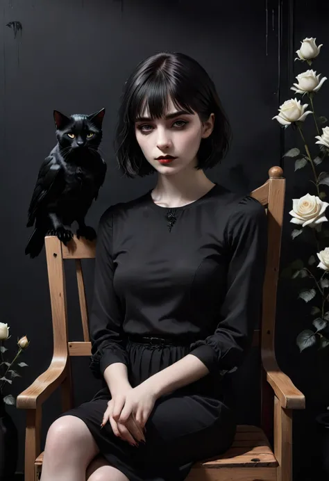 dark,look close corner face camera , hold crow, a woman sofia steinberg face,short hair with bangs, pale white skinned ,wearing ...