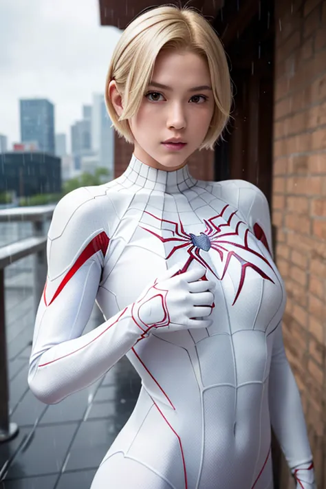 18 yo girl, white spider man suit, short blunt hair, blonde, beautiful face, rain, roof, masterpiece, intricate detail, perfect ...