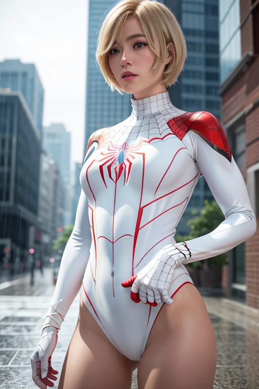 18 yo girl, white spider man suit, short blunt hair, blonde, beautiful face, rain, roof, masterpiece, intricate detail, perfect anatomy, redhead, photo realistic