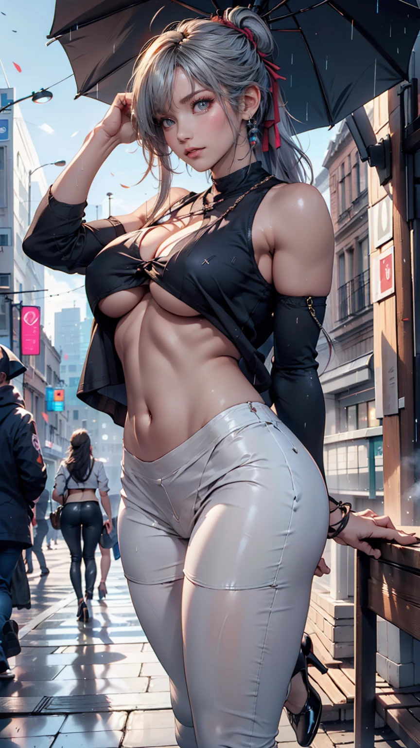 24-year-old female、Silver Hair、Tying up hair((tied hair))、Sexy proportions、Narrow waist、Underboob Top((underboob top))、Lower milk visible、Saggy breasts、Navel visible、Low rise leggings、Stiletto heels、The city after the rain、Rainbow in the sky