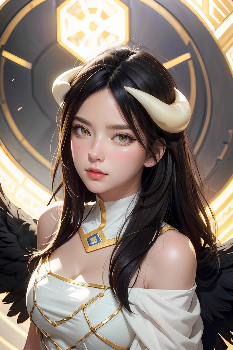 Masterpiece, Best quality, Ultra-detailed, illustration, epic lighting, Cinematic composition, isometry,(hexagons:1.2), 1girll, Horns, Solo, Yellow eyes, Black hair, Long hair, (Low wing:1.2), Large cleavage, Bare shoulders, hair between eye, Medium breasts, (White dress:1.1), Golden decoration, Detached collar, view the viewer, Semi-closed Eyes, (view the viewer:1.1), parted lip, Blush, Black feathers fall, Arena, particle fx, (8K:1.1)