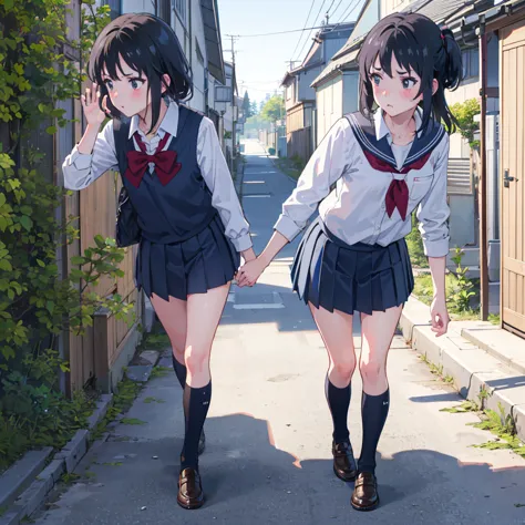 4k, masterpiece, ultra detailed, mitsuha miyamizu, blushing, school uniform, pouting, side-view of her face, walking on pavement...