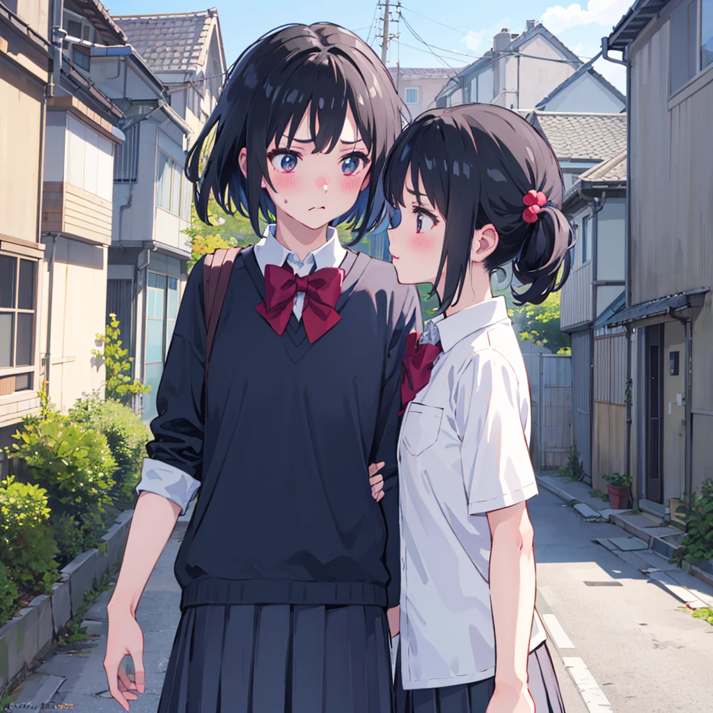 4k, masterpiece, ultra detailed, mitsuha miyamizu, blushing, school uniform, pouting, side-view of her face, walking on pavement, houses 