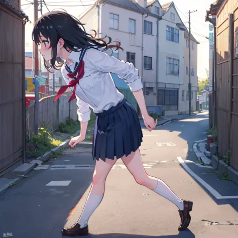 4k, masterpiece, ultra detailed, mitsuha miyamizu, blushing, school uniform, pouting, side-view of her face, walking on pavement...