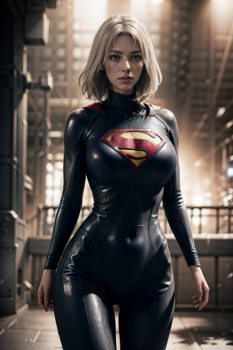 a beautiful girl with short white hair, wearing a tight supergirl costume with long sleeves, huge breasts,perfect body,wide hips (best quality,4k,8k,highres,masterpiece:1.2),ultra-detailed,(realistic,photorealistic,photo-realistic:1.37),hyper detailed facial features,extremely detailed eyes and face,longeyelashes,highly detailed costume,spiderweb pattern,dynamic pose,action scene,dark moody lighting,cinematic composition,vibrant colors,dramatic shadows