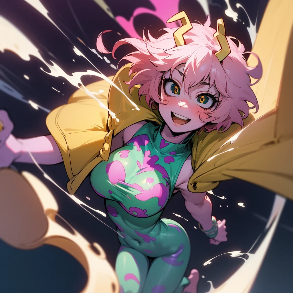 [mina ashido], [Boku no hero academia], ((masterpiece)), ((solo portrait)), ((cute)), ((High definition)), ((anime)), ((Kohei Horikoshi)), ((beautiful render art)), ((detailed shading)), ((cel shading)), ((intricate details)), {mina ashido; (pink skin), (curly yellow horns), long eyelashes, eyes closed, curly pink hair, short eyelashes, large boobs, (beautiful slightly muscular legs), (excited smile), (white teeth), (blushing)}, {(hero costume), (bodysuit), (yellow sleeveless jacket), (fluffy collar)}, {(dynamic pose), (looking at viewer)}, [Background; (city), (blue sky), (sun rays)]