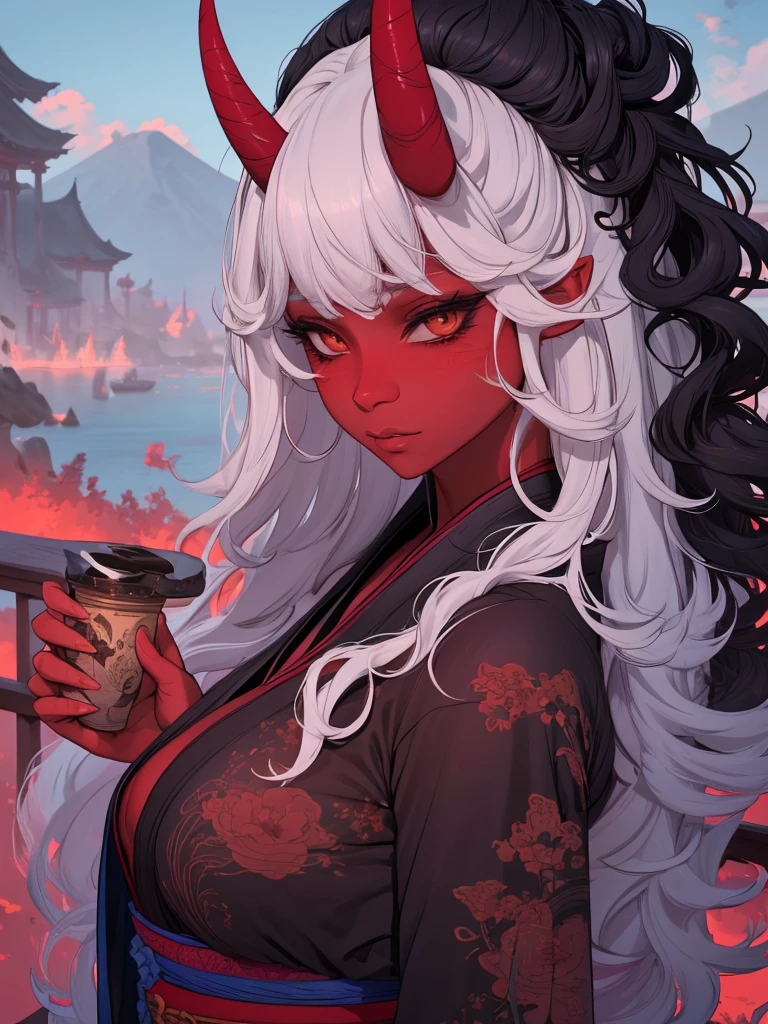 a girl with long black hair,fair skin,long red horns,wearing a detailed intricate kimono,holding a red plate,dramatic lighting,highly detailed,photorealistic,8k,award winning art,beautiful detailed eyes,beautiful detailed lips,extremely detailed face,longeyelashes,masterpiece,intricate details,vivid colors,warm color palette