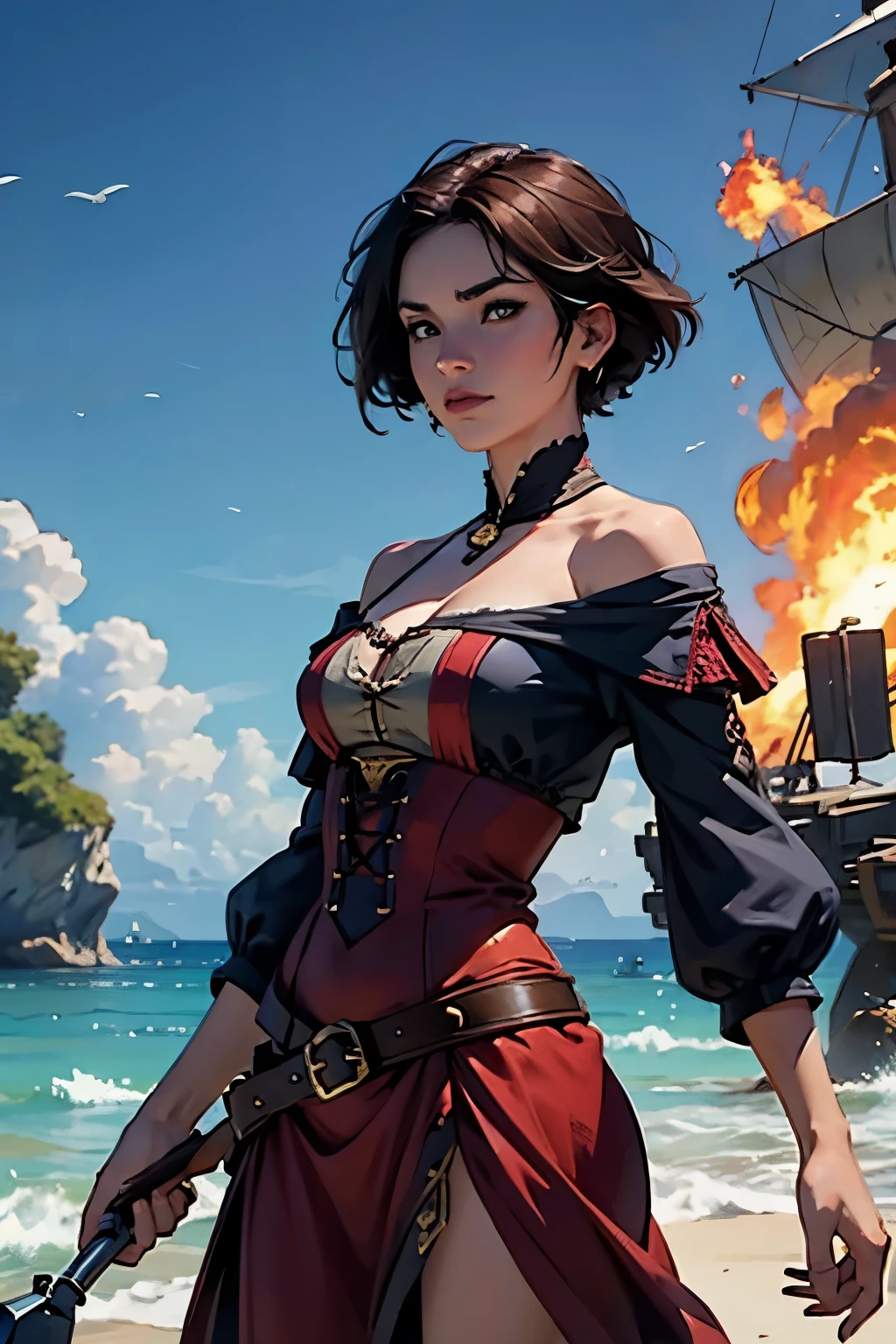 Fascinating Female Pirate Captain、Off the shoulder、Sexy Looks, short hair、Two Galleons、Naval battles、(Two galleons exchange gunfire:1.2)、(explosion:1.2)、(fire:1.2)、Blur the background、(Sargent-style watercolor)、(Highest quality, masterpiece, High resolution)、4K、wallpaper、