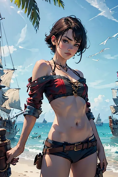 fascinating female pirate captain、off the shoulder、sexy looks, short hair、two galleons、naval battles、(two galleons exchange gunf...