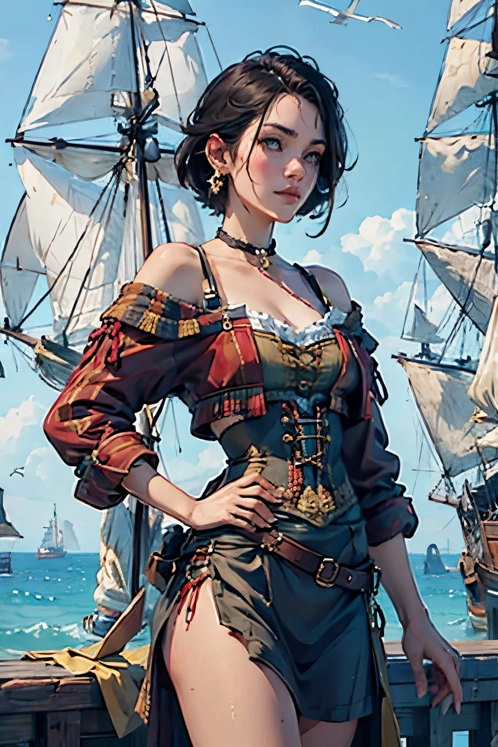 Fascinating Female Pirate Captain、Off the shoulder、Sexy Looks, short hair、Two Galleons、Naval battles、(Two galleons exchange gunfire:1.2)、(explosion:1.2)、(fire:1.2)、Blur the background、(Sargent-style watercolor)、(Highest quality, masterpiece, High resolution)、4K、wallpaper、