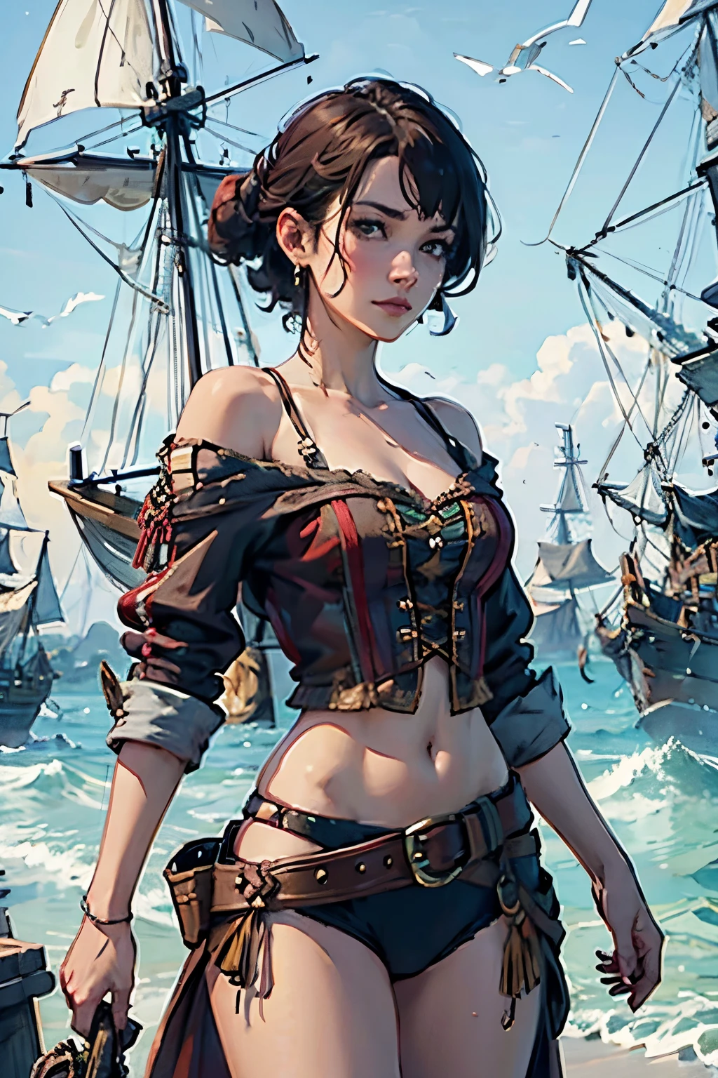 Fascinating Female Pirate Captain、Off the shoulder、Sexy Looks, short hair、Two Galleons、Naval battles、(Two galleons exchange gunfire:1.2)、BREAK (Galleon Fire:1.4)、(Galleon Explosion:1.4)、Blur the background、(Sargent-style watercolor)、(Highest quality, masterpiece, High resolution)、4K、wallpaper、