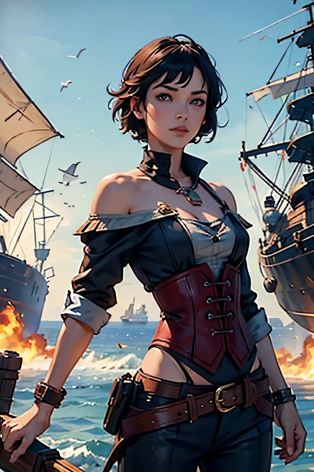 Fascinating Female Pirate Captain、Off the shoulder、Sexy Looks, short hair、Two Galleons、Naval battles、(Two galleons exchange gunfire:1.2)、BREAK (Ship fire:1.4)、(Ship explosion:1.4)、Blur the background、(Sargent-style watercolor)、(Highest quality, masterpiece, High resolution)、4K、wallpaper、