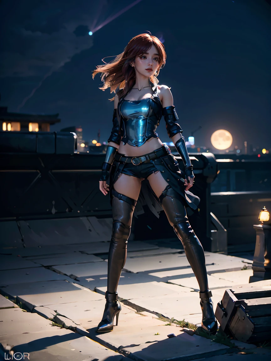 A charismatic girl is standing on top of a city at night. She has beautiful blue eyes that shine under the full moon. The scene is captured in the highest quality, with a resolution of 4k, creating an ultra-realistic and highly detailed image. The girl's full body is highlighted, showcasing her elegant pose and captivating presence. The cityscape is illuminated by dynamic lights, creating a vibrant and dynamic atmosphere. The color palette is dominated by the cool tones of the night, with deep blues and mysterious shadows. The full moon is the focal point, casting a gentle glow over the entire scene