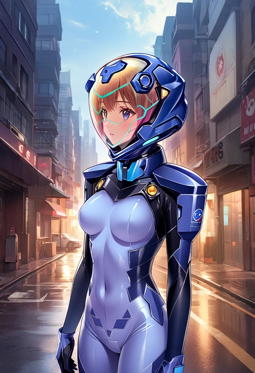 short hair, street, emo, BLACK hair, white eyes, eyeliner, apocalypse, (astronaut, girl, road, city,  fortified suit, ((blue:1.5) plugsuit), short hair, outdoors, cinematic light,  medium breasts, covered navel, space helmet, muvluv, space helm, eva helmet,[[[[ 