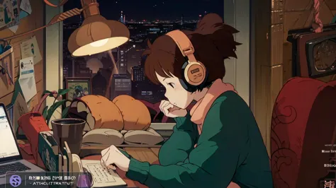 a cartoon character wearing headphones and sitting at a desk with a laptop, lofi girl, lofi artstyle, satoshi kon artstyle, lofi...