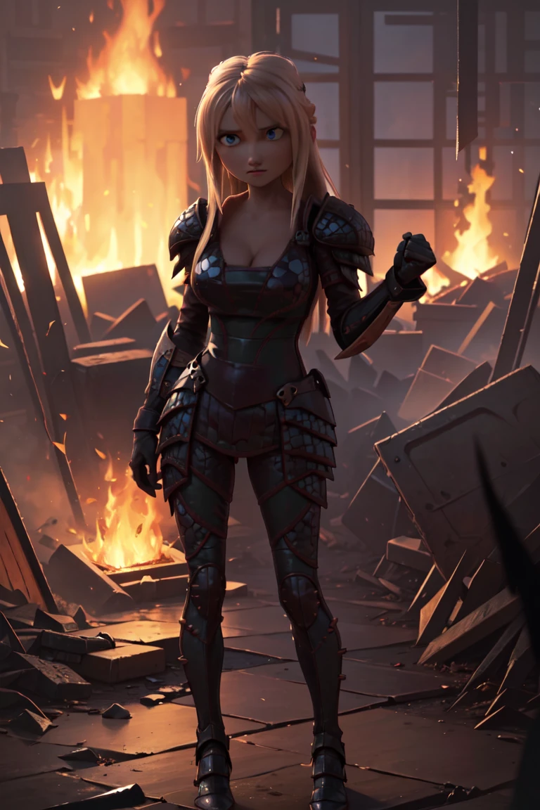 work of art, high qualiy, best qualityer, realisitic, face perfect, expressive eyes, Astrid Hofferson, 1 girl, standing alone, hair blonde, long hair, blue colored eyes, Bikini armors, Breasts huge, v-cut, absolute cleavage, voluptuous, zetai ryouiki, standing, holding gun, ax, (hand on fist), fire, Burning, embers, Flame, smoke, sparks, (tenebrosa, natta, tenebrosaness:1.3), Depth of field,naked full body