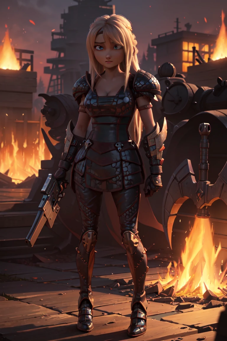 work of art, high qualiy, best qualityer, realisitic, face perfect, expressive eyes, Astrid Hofferson, 1 girl, standing alone, hair blonde, long hair, blue colored eyes, Bikini armors, Breasts huge, v-cut, absolute cleavage, voluptuous, zetai ryouiki, standing, holding gun, ax, (hand on fist), fire, Burning, embers, Flame, smoke, sparks, (tenebrosa, natta, tenebrosaness:1.3), Depth of field,naked full body