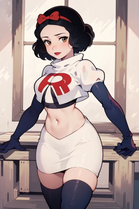 1girl, solo,   snowwhite, short hair, black hair, smooth hair, brown eyes, lipstick, red lipstick, pale skin, hair bow, hairband...