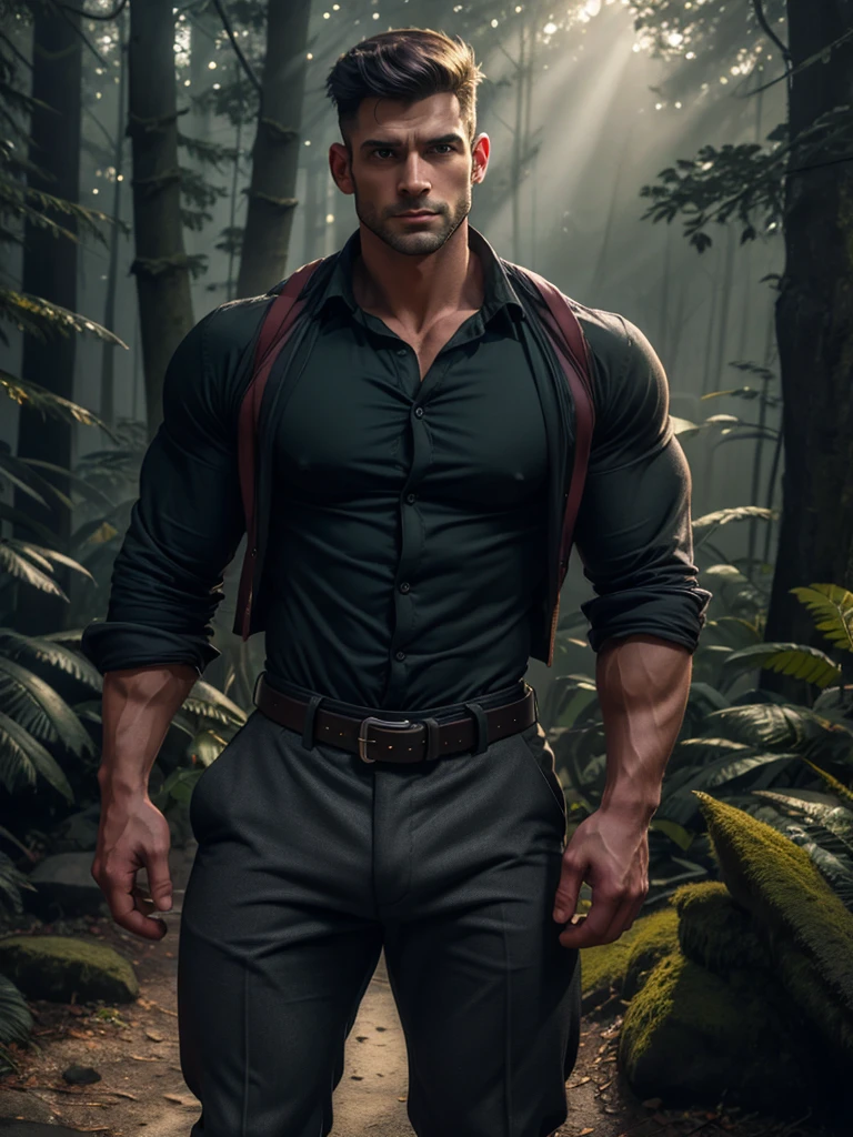 (full shot), intricate, elegant, masterpiece, best quality, highres, male focus, solo, photo of (50s_jacob_cutos:1) outdoors, charcoal grey shirt, trousers, black belt, sharp focus, photo by greg rutkowski, soft lighting, vibrant colors, (masterpiece), looking at viewer, (style of Jack Kirby:Steve Ditko:0.5), (comic), illustrated, cabin in woods