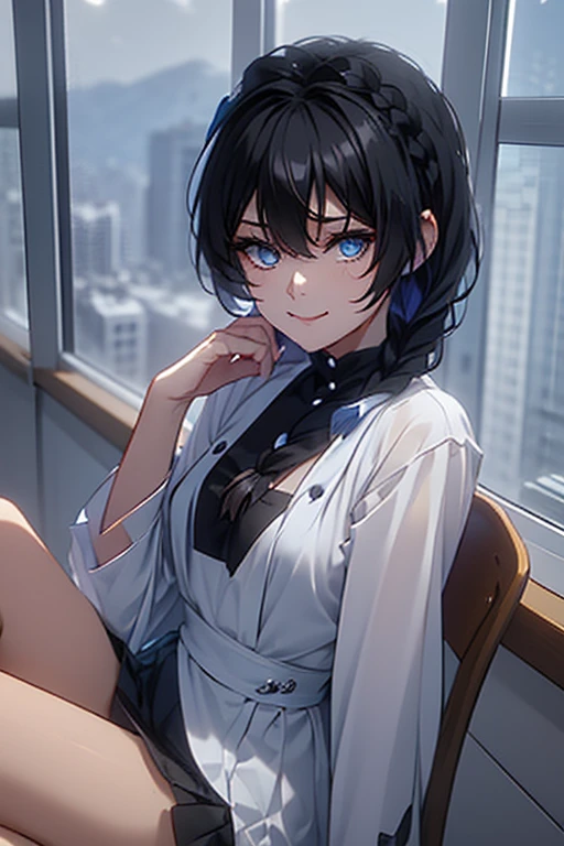 Black-haired girl, braided hair styles, Short hair, very special hair style, fascinating hair style, Elegant hair, captivating blue eyes, fascinating face, Exhausted face, Ahegao, a charming smile, white eyelashes, in the classroom, Single