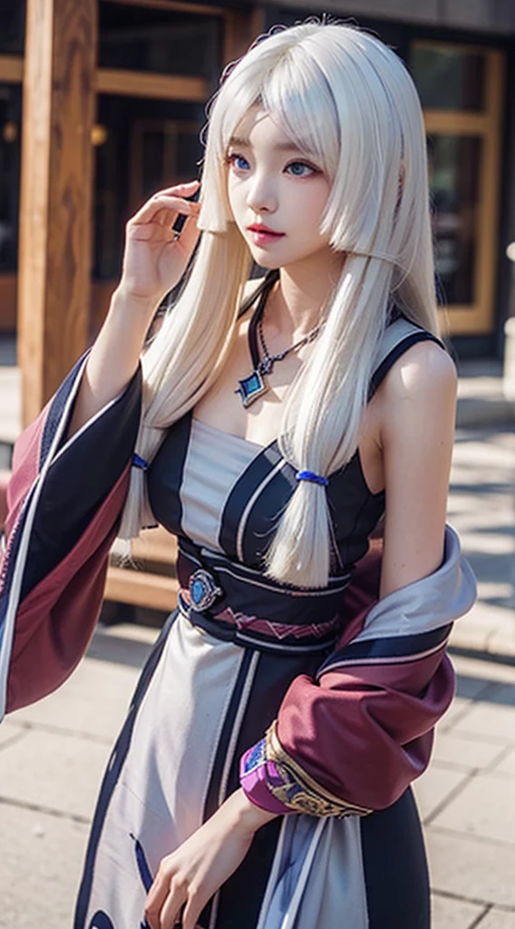 Kagura mobile legends, long white hair, Gentle Scarlet colored eyes, necklace