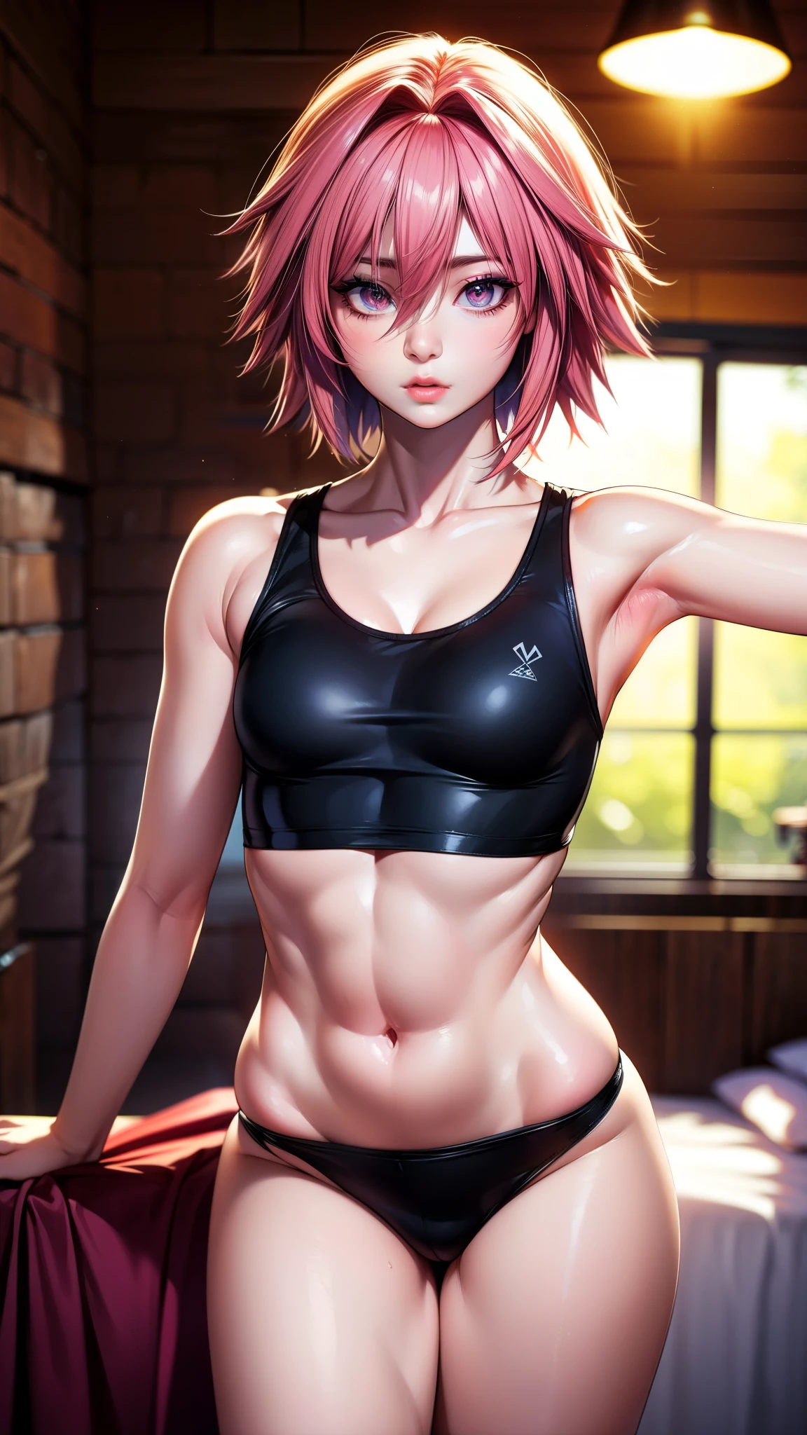 Astolfo, (Masterpiece:1.25), Best quality, High resolution:1.35, RAW photo:1.2, Photorealistic:1.37, Hyper-realistic, 16K, Dreamy, ((Femboy)), Curvy build, Skinny, Slender body, Fine detailed beautiful eyes: 1.2, Embarassed Expression, Ulzzang, Erotic thighs, Lustrous skin, Photon maping, Cinematic lighting, Cowboy shot, Upper body, (Sleveless crop top), Show armpits, Standing pose in bedroom, Cute face, Long eyelashes, detailed eyelashes, eye shadows, glowing eyes, realistic eyes, Natural makeup, Clear facial features, Hyper detailed face, Lip details