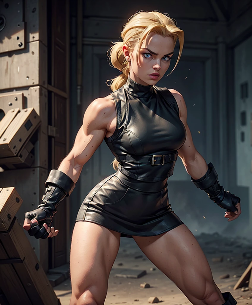 (((Full-length shot))),((Best quality)), ((masterpiece)), (detailed),muscular build and medium breasts .., wears an open black leather vest.., black leather gloves, a short skirt and heavy boots. She has a punk rock look and blonde hair pulled back into a ponytail.Hyper-realistic close-up photo of Cammy, blue eyes,(Photorealism: 1.4), Create dystopian masterpieces. Post-apocalyptic world. Pay attention to small details, sharp focus. The palms of the hands are clenched into fists.