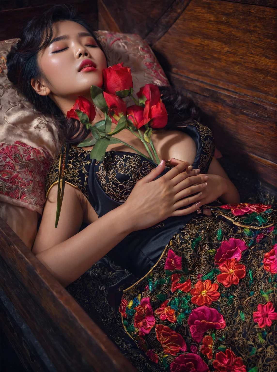 In a striking 8K HDR scene, a stunning Korean woman, 22 years old, lies peacefully in a black coffin surrounded by plush pillows. The deep box is set against a rich black background, accentuating the beauty of the subject. Her exquisite deep-V neckline kebaya attire is embroidered with superb detail, showcasing her round and firm breasts, perfect cleavage, and beautiful eyebrows. Her closed eyes and mouth give an air of serenity, while her visible and absolute cleavage leave nothing to imagination. The scene is bathed in saturated colors, highlighting every intricate aspect from the ball skirt to her clean face, straight body, detailed hand perfect hands, straight body, holding the flowers, straight legs, detailed fingers, detailed hand