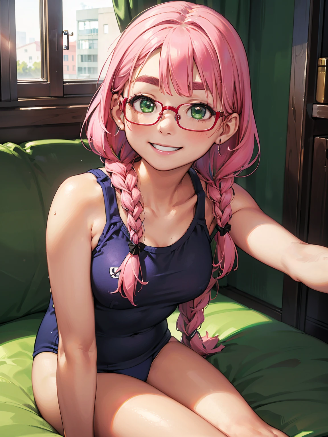 8K quality,(super masterpiece:1.3),Highest quality,Detailed Images,1 female,symmetrical beauty,10th Generation,Medium build,(smile,smile),(Pink Hair,Long Hair,Two braids),(Thick eyebrows,Thick eyebrows),(Droopy eyes,Green Eyes,Green Eyes,Bright Eyes),(Red Frame,Thin glasses,Thin-rimmed glasses,Small glasses),(Large Breasts,F cupの胸),Tan Skin,(School Swimsuit),(Draw the whole body),(Face directly towards the camera,Looking directly at the viewer,looking at the camera,The body faces the viewer,The body is facing the direction of the camera,Face looking straight into the camera).