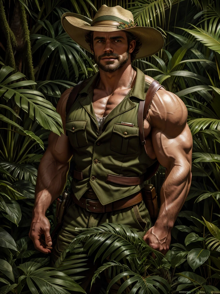 araffe man in a hat and vest standing in a jungle, portrait shot, in a jungle environment, still from a live action movie, matte painting portrait shot, james edmiston, in a jungle, character photography, fan art, live-action adaptation, portrait of an adventurer, movie still 8 k, inspired by John Mossman, martin ansin artwork portrait