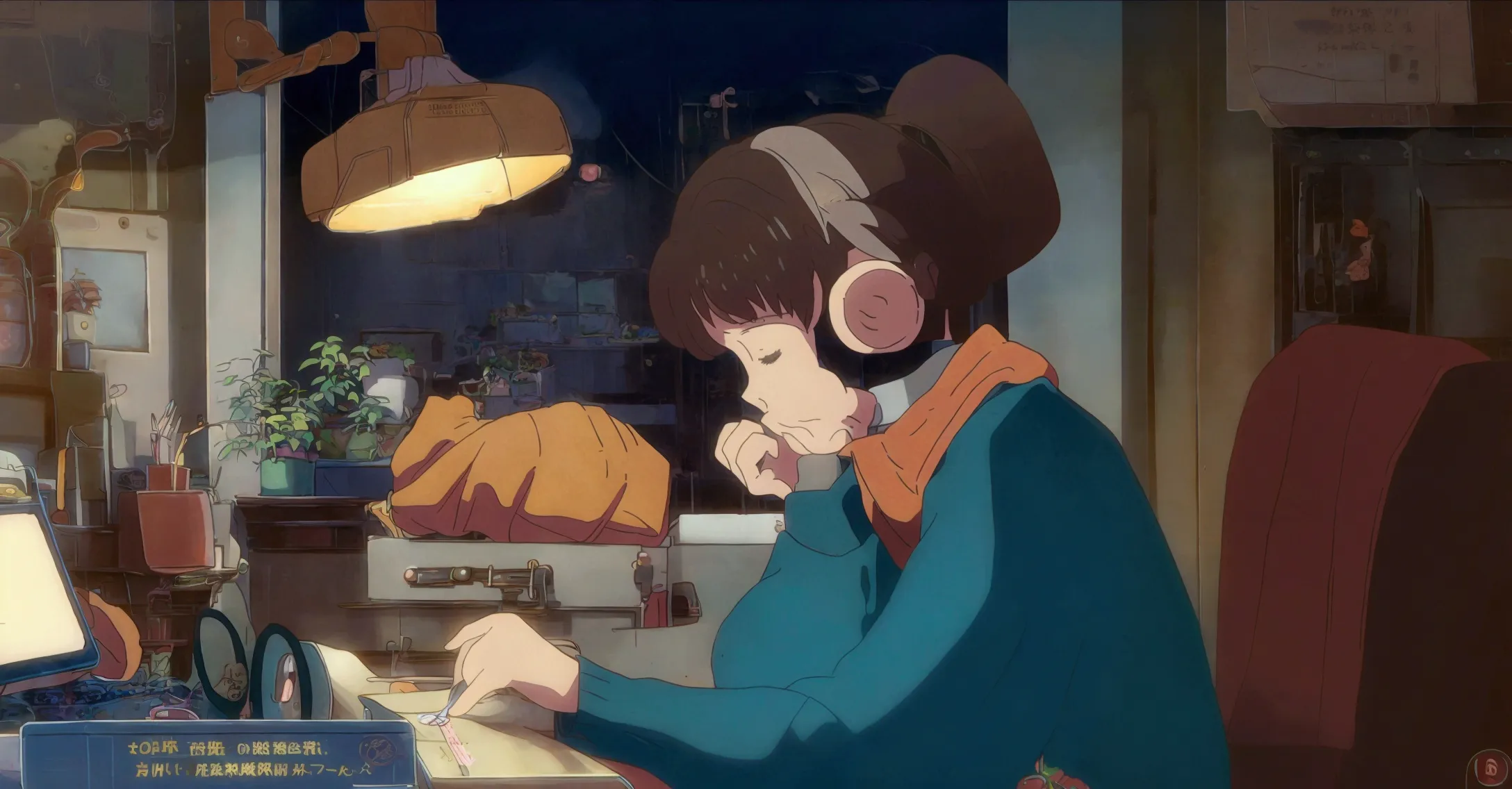 a detailed illustration of a brown-haired young woman wearing "lofi" brand headphones, sitting at a wooden desk and writing in a...