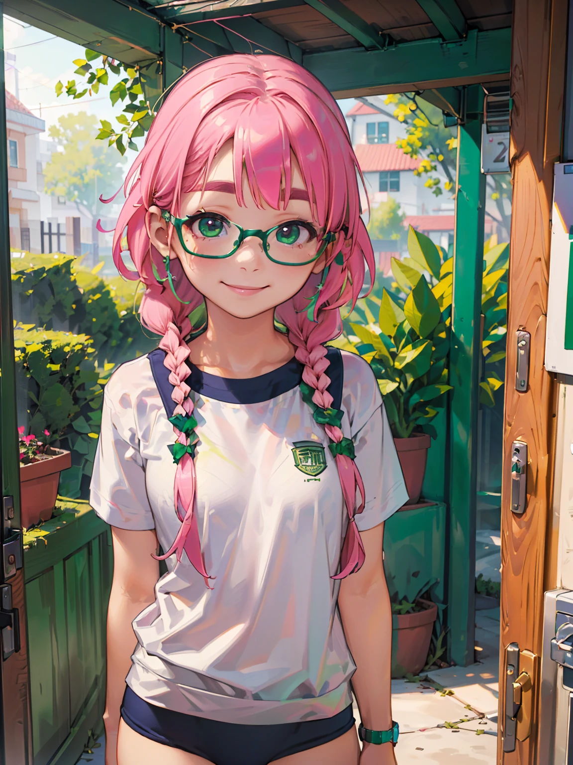 8K quality,(super masterpiece:1.3),Highest quality,Detailed Images,1 female,symmetrical beauty,10th Generation,Medium build,(smile,smile),(Pink Hair,Long Hair,Two braids),(Thick eyebrows,Thick eyebrows),(Droopy eyes,Green Eyes,Green Eyes,Bright Eyes),(Red Frame,Thin glasses,Thin-rimmed glasses,Small glasses),(Large Breasts,F cupの胸),Tan Skin,(School Swimsuit),(Draw the whole body),(Face directly towards the camera,Looking directly at the viewer,looking at the camera,The body faces the viewer,The body is facing the direction of the camera,Face looking straight into the camera).