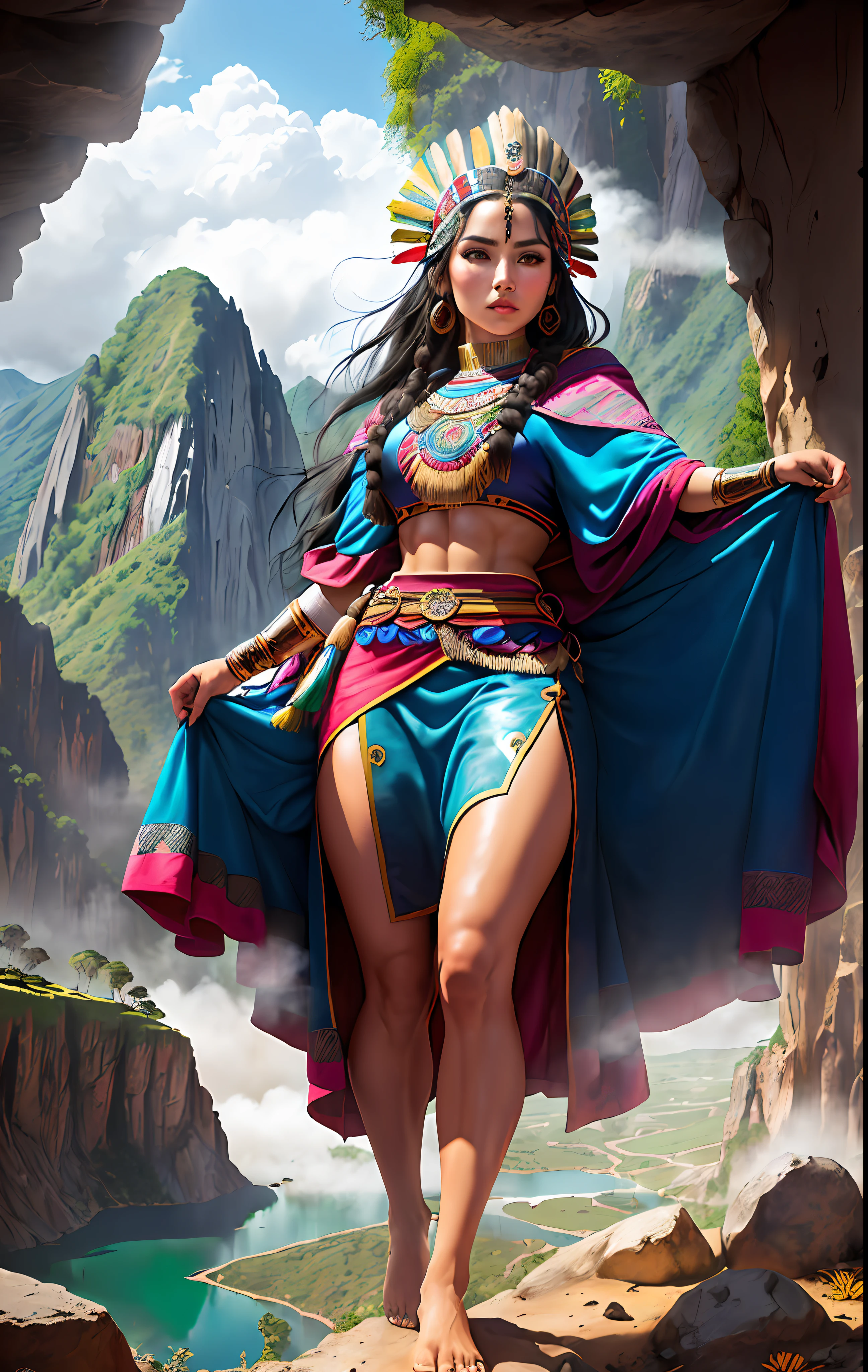 ((realistic: 1.5)),((best quality)), ((Masterpiece)),((details)), (1 An Inca woman in a long Inca skirt is red, blue, white, and pink, not green., {Beautiful young Inca woman wearing traditional Incan clothing. This is the typical clothing for women in Cuzco, Peru., ultra wide angle lens, Face focus, mature, sexy, Tightening muscles, Long legs, curve, Barefoot, full also suitable for,  thick thighs, wide hips, slender legs, dark eyes, perfect eyes, long black hair, floating hair, Long eyelashes, (details face, beautiful eyes, details pupils, details characteristics of Inca clothing, light background: 1.3), Mysterious ancient Inca ruins, lush forest, canyon, bridge, river, cliff, cloud, lagoon, rock, waterfall, flower, grass, fog, vine, tree, smoke, Best shade,  detailsที่สดใส, sharp, perfect composition, complicated, sharp focus, Amazing, (Spot light: 1.3), Edge lighting, Inca landscape, fully dressed,