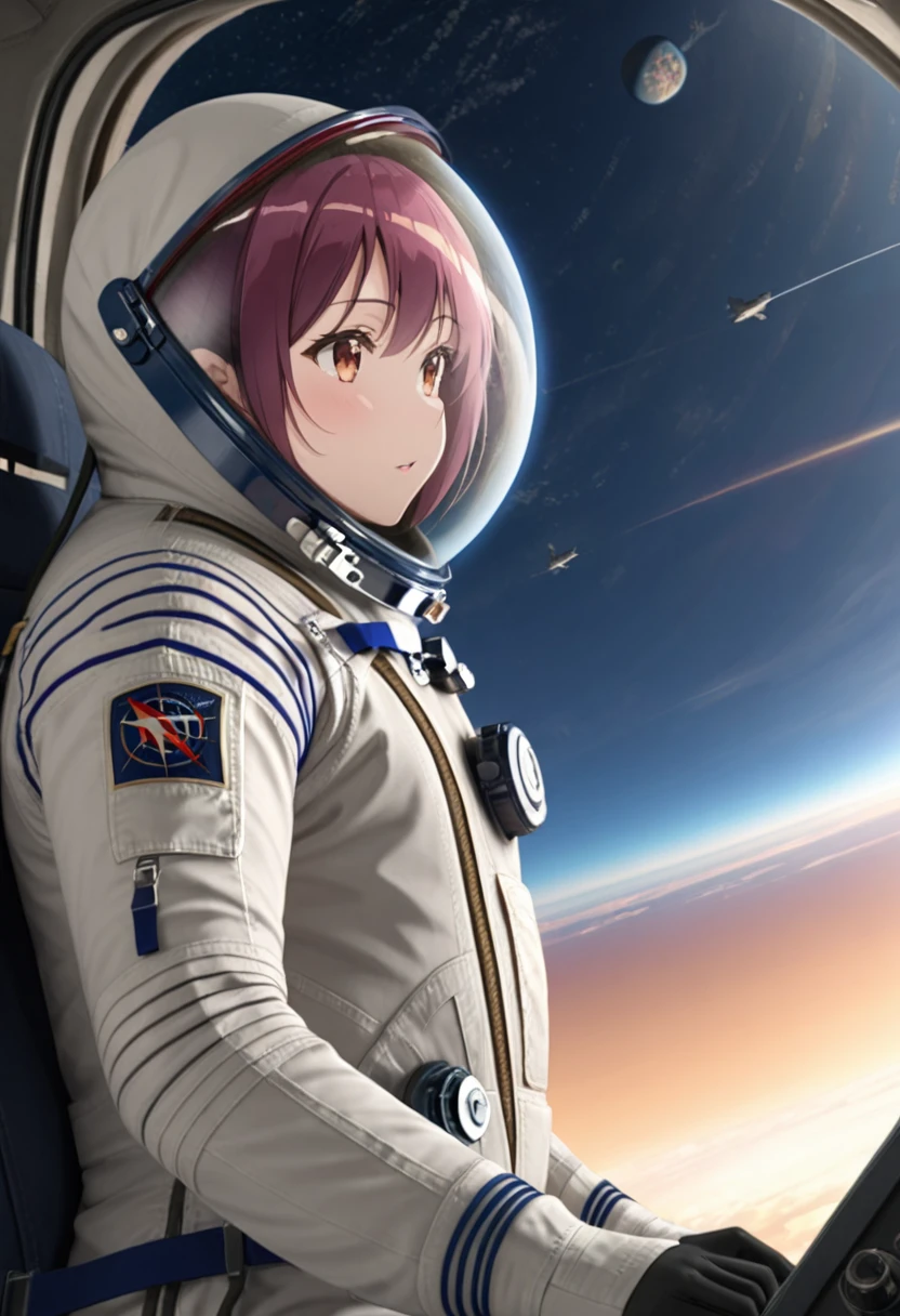 ((Female pilot in the cockpit of a reconnaissance plane), (airplane cockpit), (in flight), (10000 feet altitude)、(sky view):1.7),, short hair, street, emo, BLACK hair, white eyes, eyeliner, apocalypse, girl, nside the (cockpit:1.9) of a (futuristic spaceship:1.6), , blush,sitting on a chair, covered navel, space helmet, space helm, plug suit , space helmet, eva helm, space suit, short hair, spacesuit, astronaut
from side, 