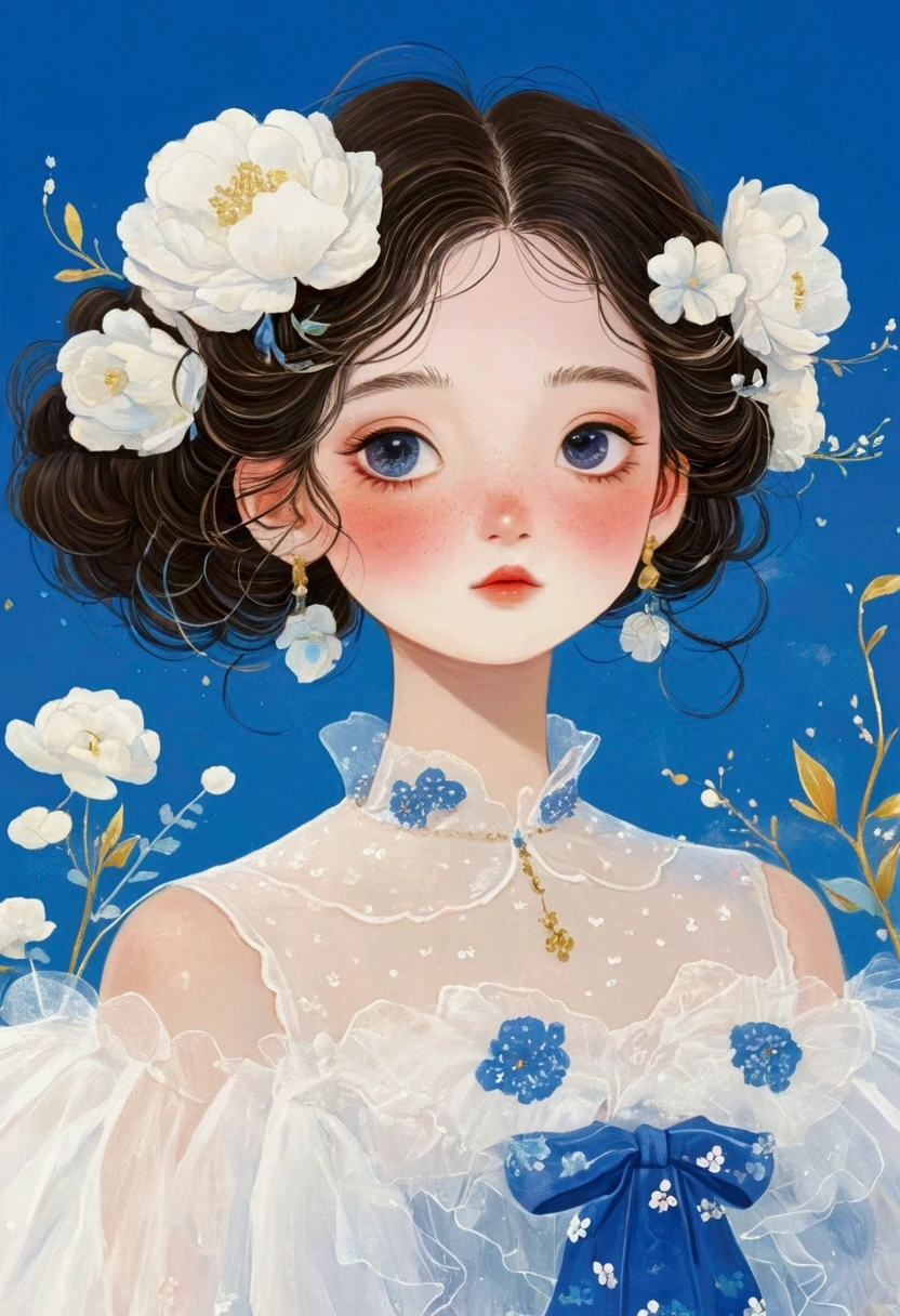 服装设计illustration，This painting depicts a portrait of a girl wearing a dress，Fluffy tulle skirt，White Tulle Skirt - Fluffy - Multi-layered，Flower Inspired Dresses- Flower Shapes， Trending on artstration, 一幅美丽的艺术illustration, Beautiful digital illustrations, 彩色illustration, author：Golden Farmer, 详细的时装illustration, Porcelain skin. Studio Ghibli, illustration, Mei Qing, 创辉illustration, Fantasy illustrations, author：incredible，Blue Background，White Cloud
