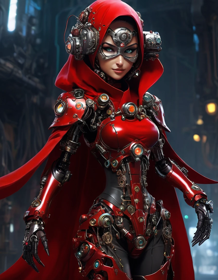 The picture shows a (cute) Adeptus Mechanicus girl. Her gaze is penetrating, and her face is hidden under a mask with monitors and LEDs. Graceful mechanical limbs complete her elegant appearance, and her outfit emphasizes her strength and uniqueness in the world of technology, big head, cute girl, red cloak , laughing, (((chibi)), ful body, full legth,  