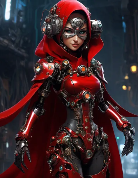 the picture shows a (cute) adeptus mechanicus girl. her gaze is penetrating, and her face is hidden under a mask with monitors a...