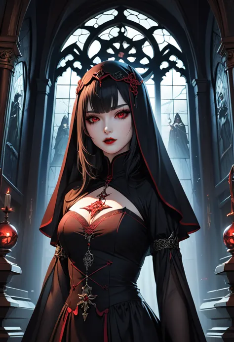 create an image set with a photorealistic dark chapel, illuminated only by moonlight, featuring an anime-style girl character as...