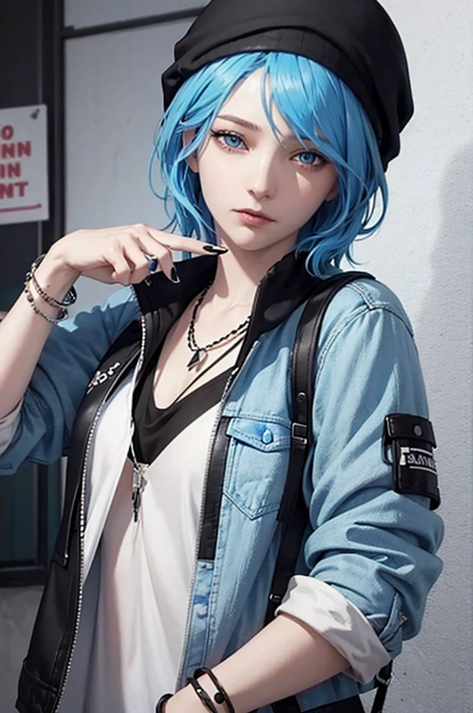 1 Girl, Chloe Price, fair skin, blue eyes, short blue hair, black cap, open jacket, white shirt, bracelet, black nails, Chloe looking at the viewer 